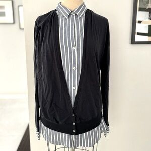 Theory "Jileda" Double Layer Cardigan with Attached Blue Stripe Shirt Sz Large